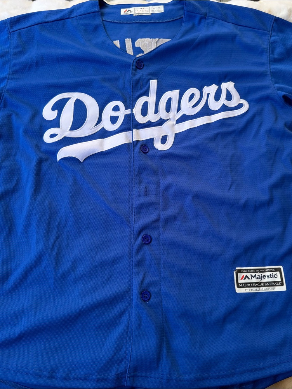 Majestic Dodgers Royal Blue Button-Up Jersey with White Script (#22 Kershaw)